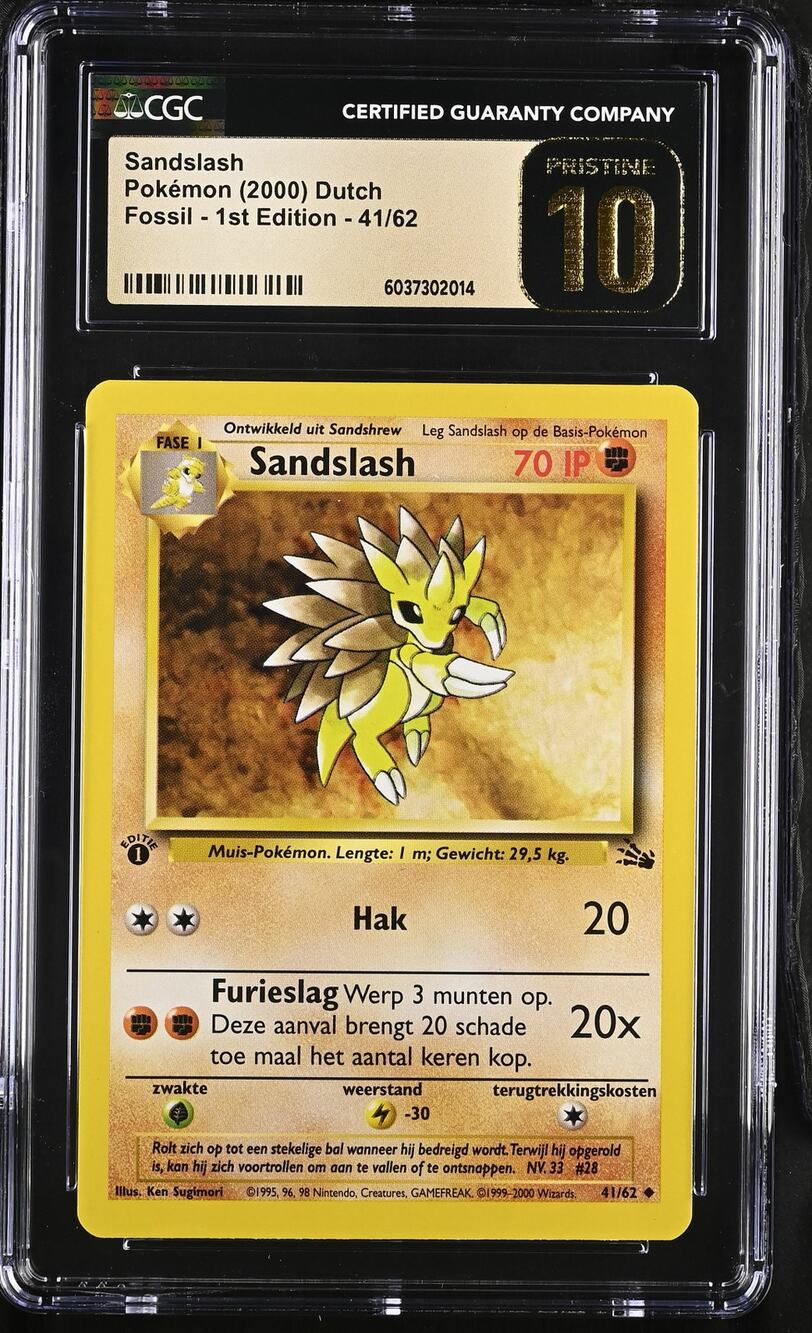 CGC 10 PRISTINE Sandslash 1st Edition 41/62 Pokémon 2000 Dutch Fossil (PSA/BGS)